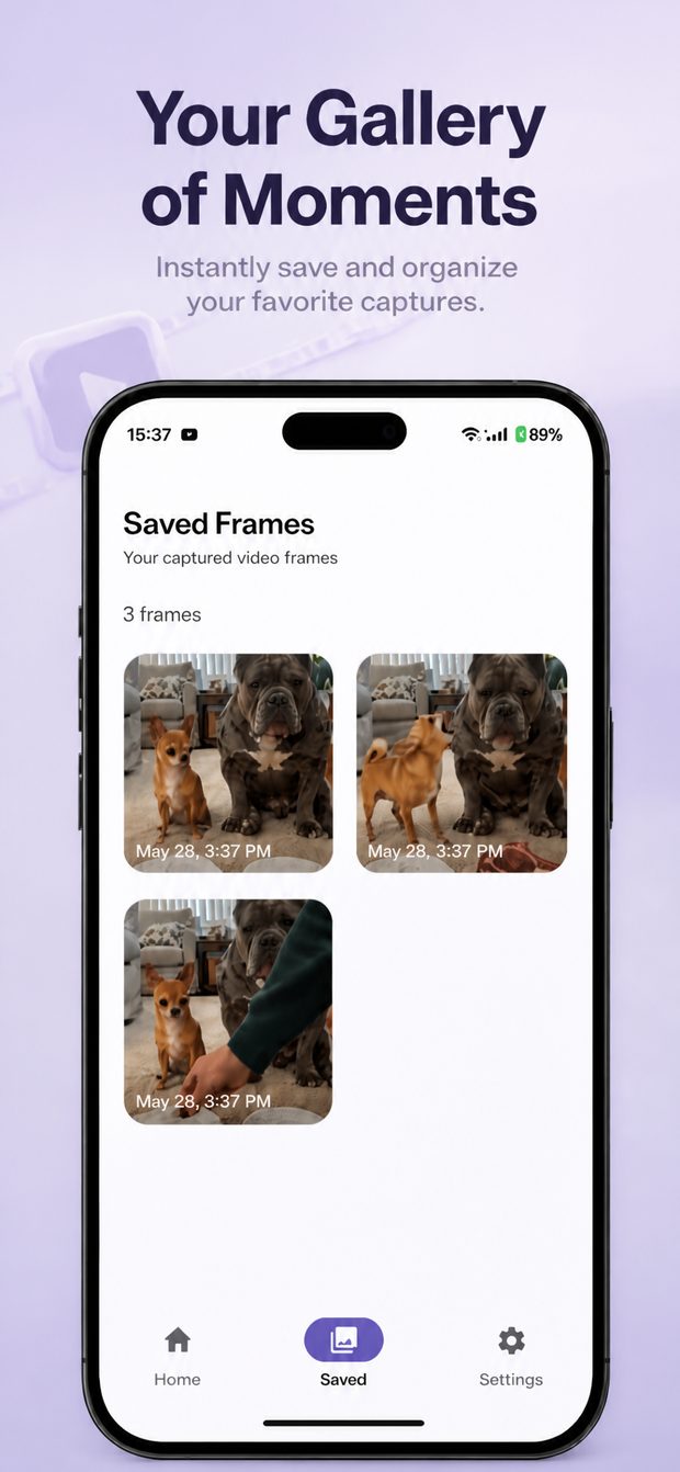 Saved Frames library in Frame Capture showing three photos extracted from a video